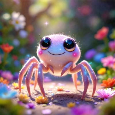 The primary subject of the image is a cute, pink, and white spider with big eyes. It is sitting on a flower-covered ground, surrounded by a variety of flowers. The setting is a garden, with a sunny day creating a bright and cheerful atmosphere. The visual style is a digital art or illustration, giving the image a whimsical and playful appearance.